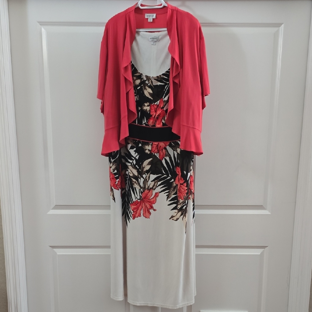 Like New: Avenue Salmon and Black Floral Maxi Dress And Light Coverup Jacket
